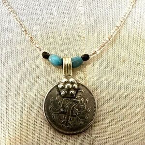 Silver tone Afghani coin pendant necklace